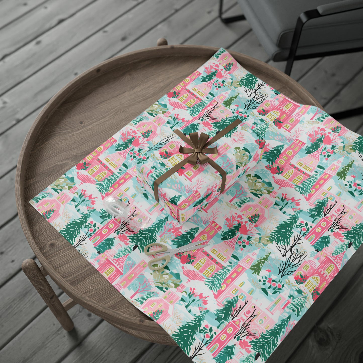 Pink Preppy Christmas Village Wrapping Paper