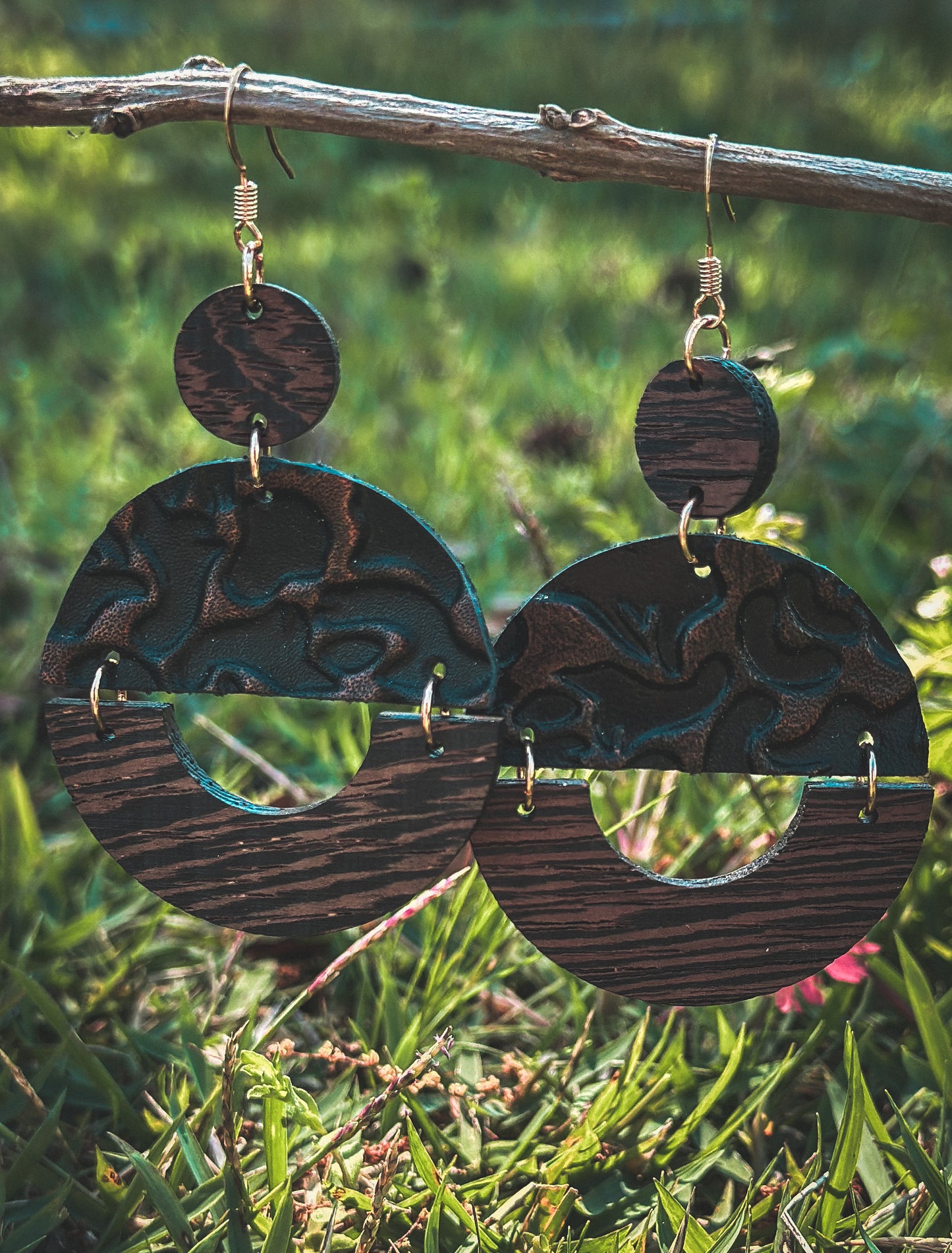 Wood & Embossed Leather Stacked Dangle Earrings