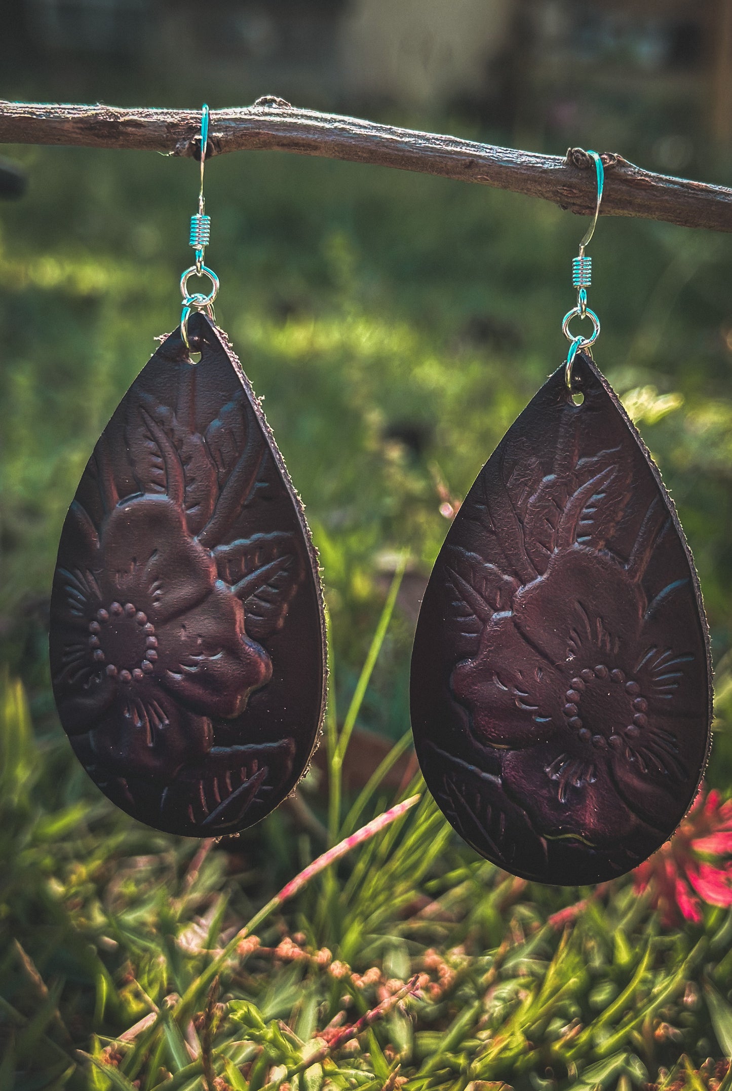 Dark Brown Embossed Leather Teardrop Dangle Earrings