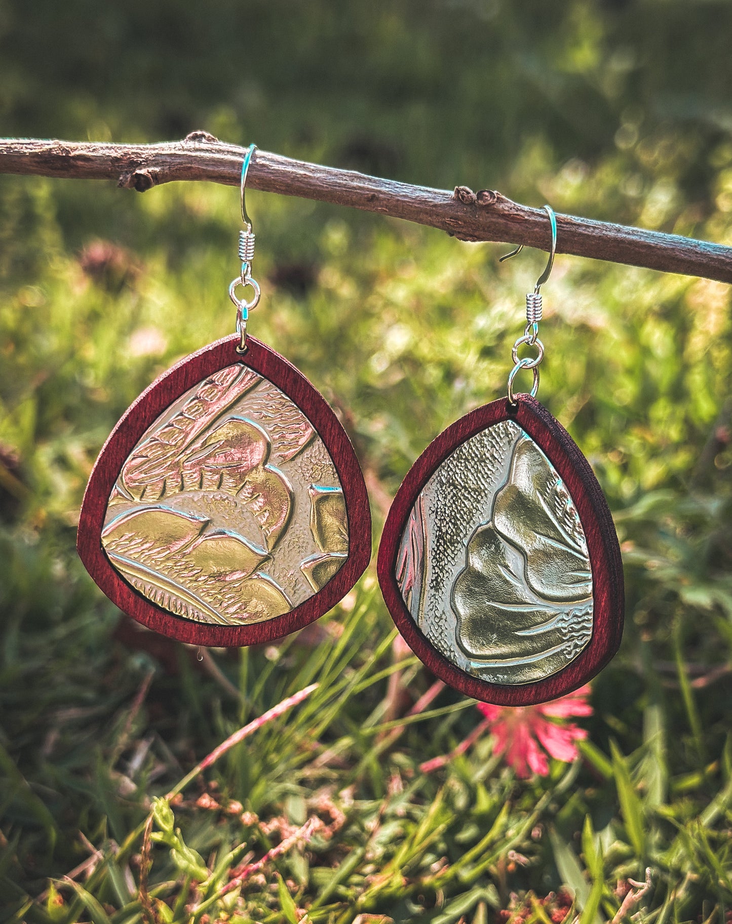 Embossed Aluminum & Wood Dangle Earrings