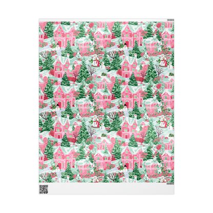 Pink Snowman Village Wrapping Paper