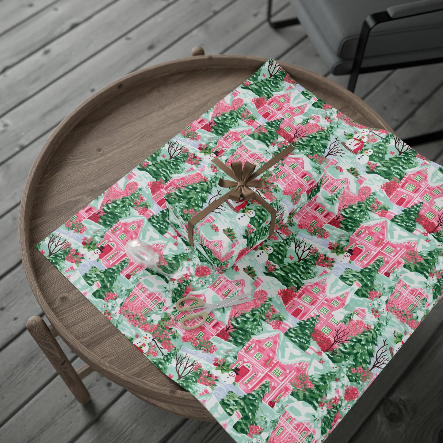 Pink Snowman Village Wrapping Paper