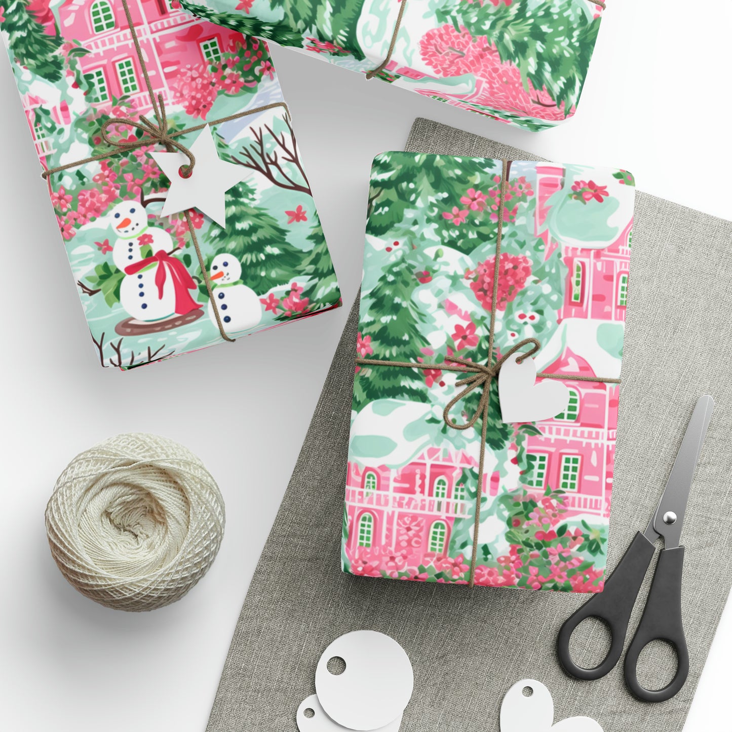 Pink Snowman Village Wrapping Paper