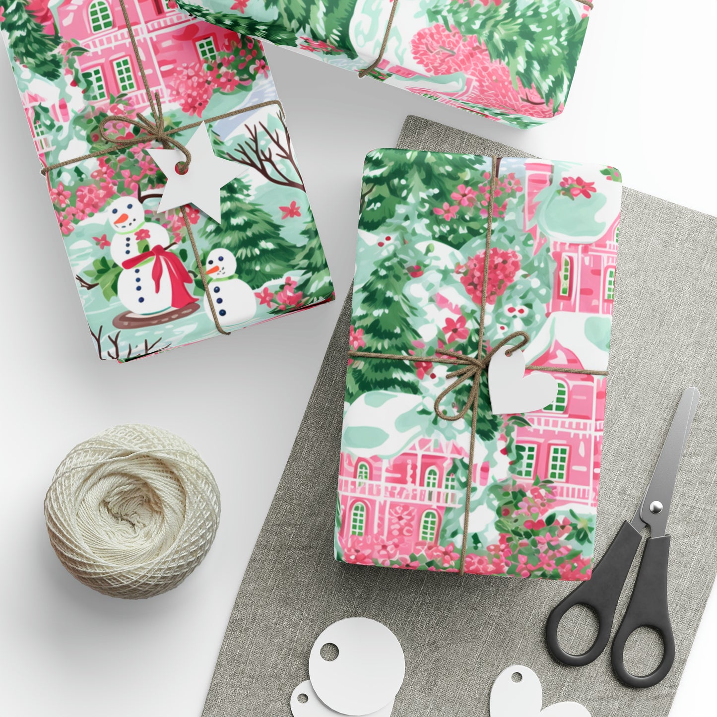 Pink Snowman Village Wrapping Paper