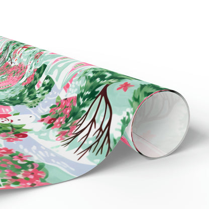 Pink Snowman Village Wrapping Paper
