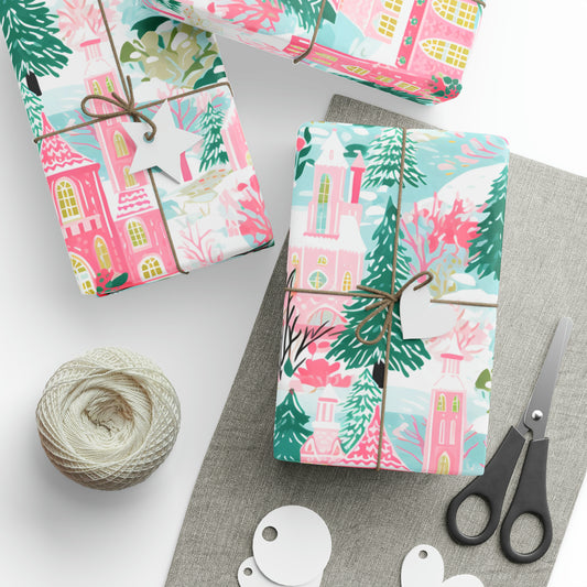 Pink Preppy Christmas Village Wrapping Paper