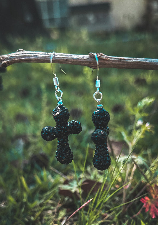 Black Rhinestone Cross Dangle Earrings