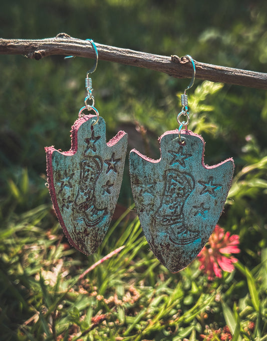 Cowboy Boots Embossed Leather Arrow Dangle Earrings