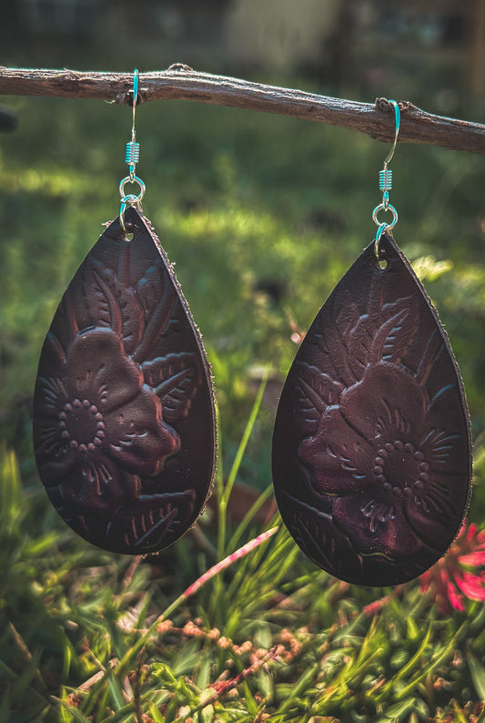 Dark Brown Embossed Leather Teardrop Dangle Earrings
