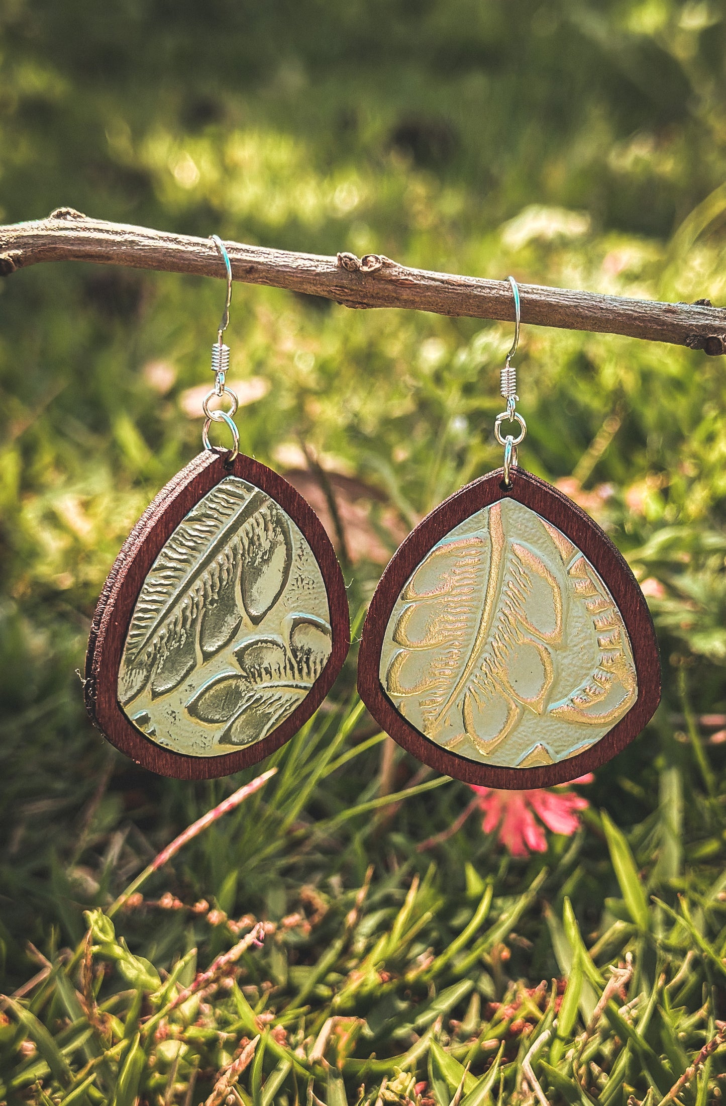 Embossed Aluminum & Wood Dangle Earrings
