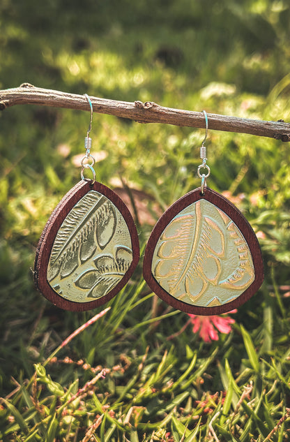 Embossed Aluminum & Wood Dangle Earrings