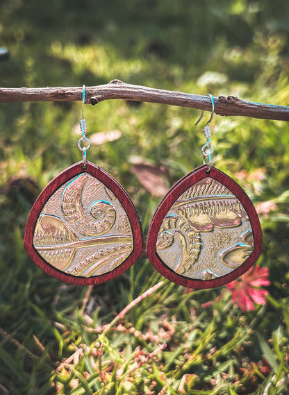 Embossed Aluminum & Wood Dangle Earrings