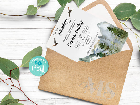 Let The Adventure Begin, Digital Invitation: INSTANT DOWNLOAD, Partially Editable, Printable, Baby Shower