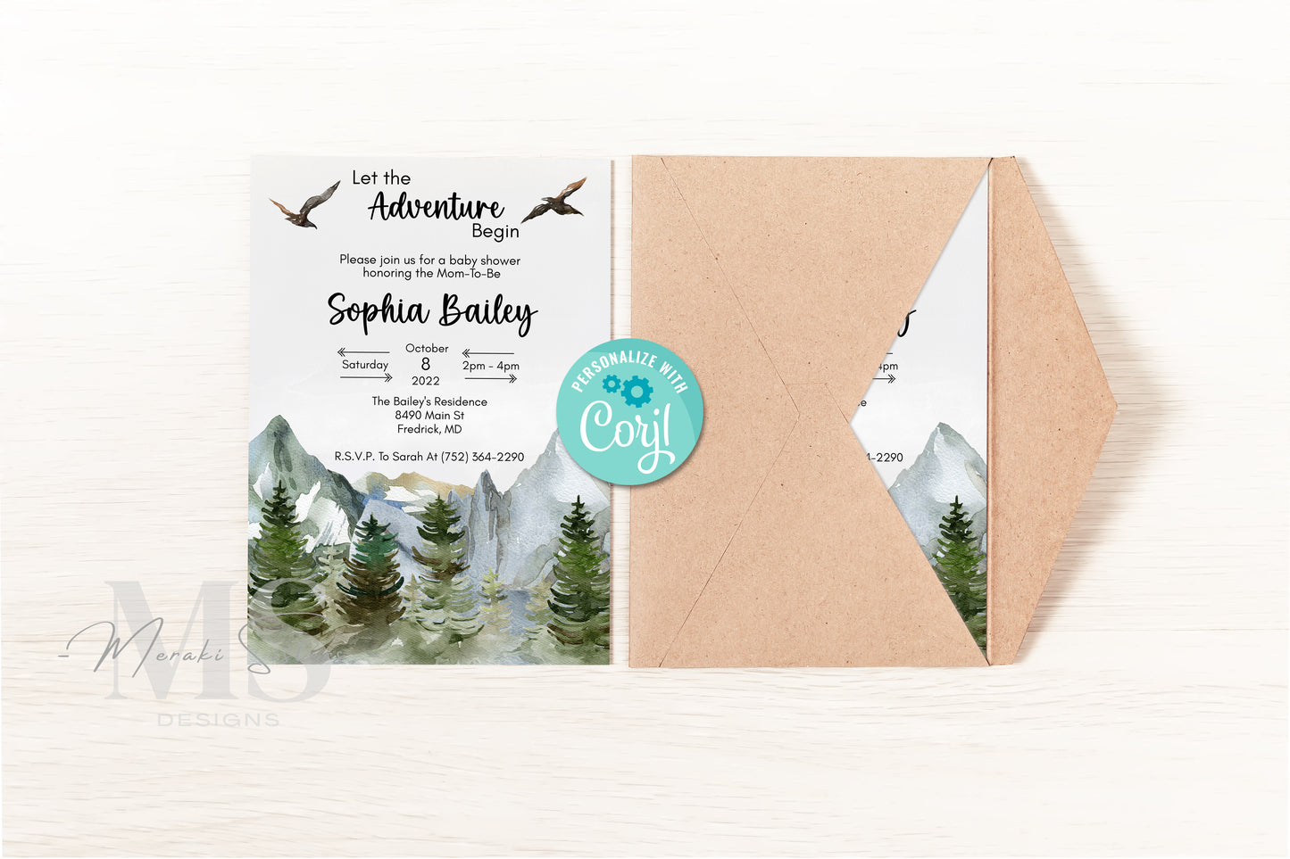 Let The Adventure Begin, Digital Invitation: INSTANT DOWNLOAD, Partially Editable, Printable, Baby Shower
