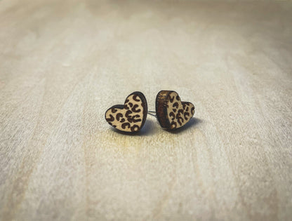 Leopard Heart Wood Earrings