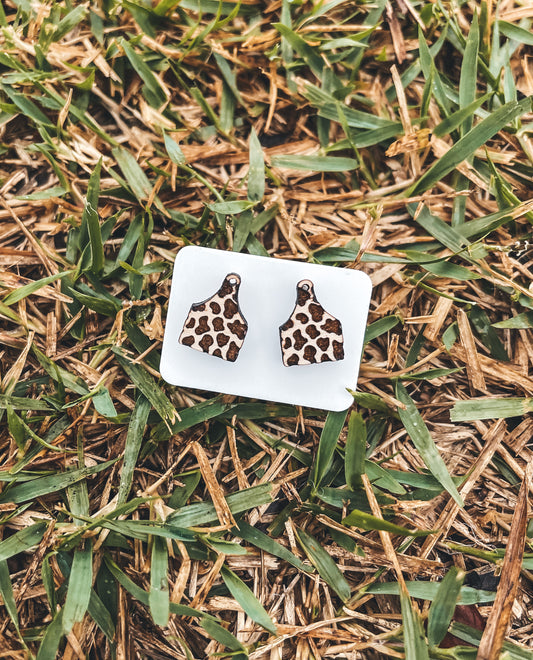 Cow Tag Wood Earrings