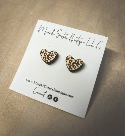 Leopard Heart Wood Earrings