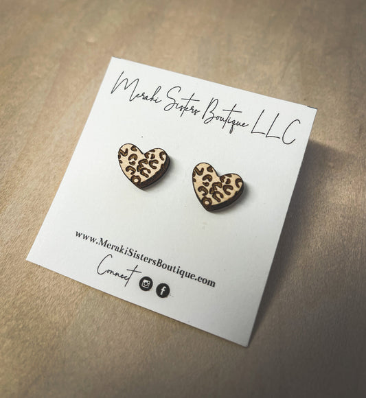 Leopard Heart Wood Earrings