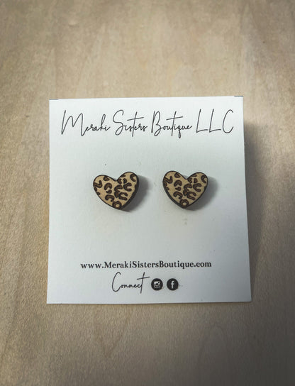 Leopard Heart Wood Earrings